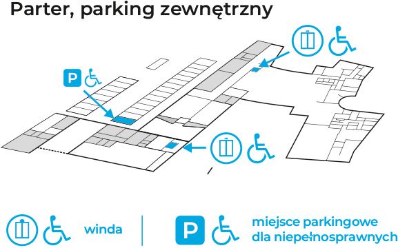 Rzut parteru ratusza. Kolorem niebieskim oznaczono windy oraz miejsce parkingowe dla niepełnosprawnych na parkingu zewnętrznym.